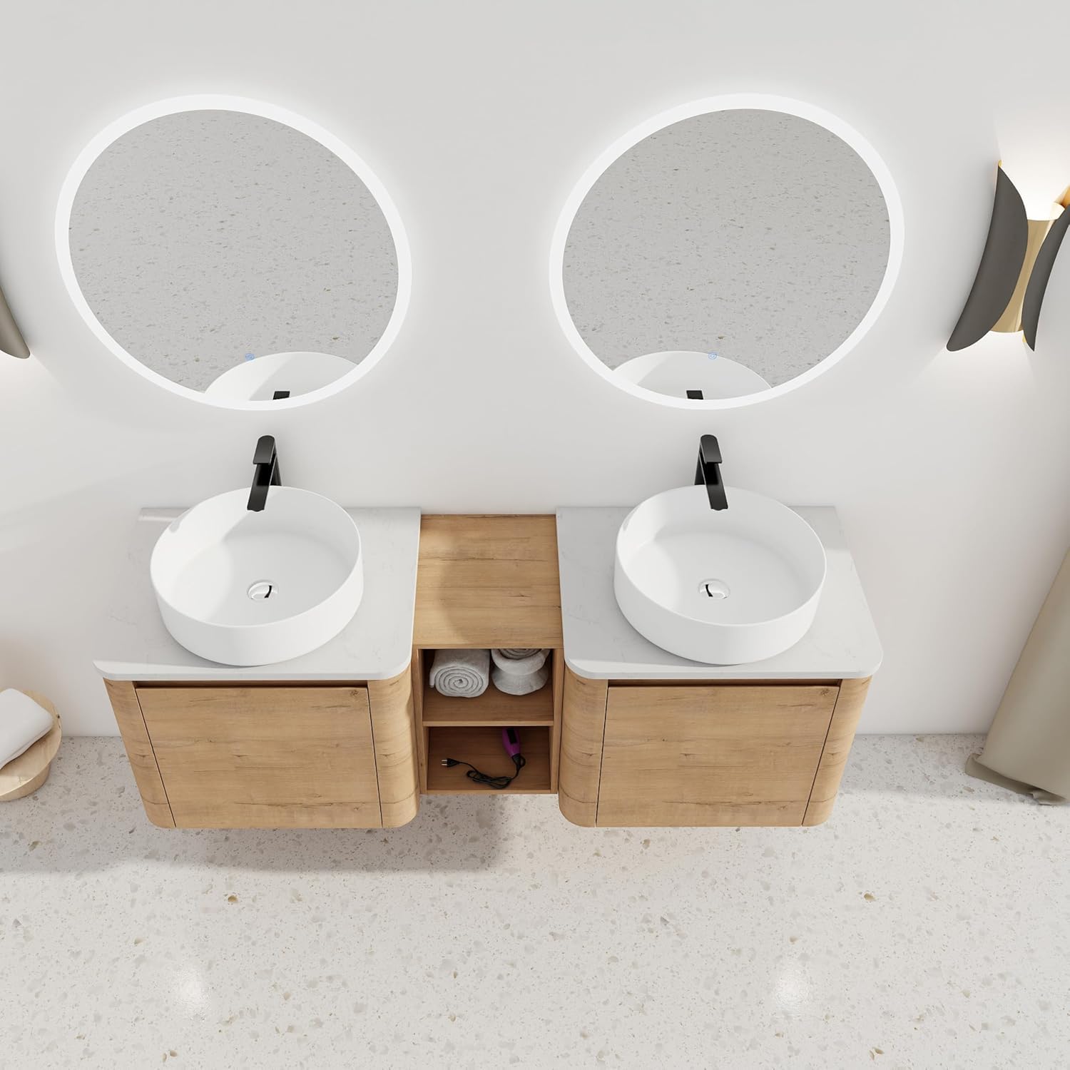 60 Inch Double Sink Bathroom Vanity Combo Modern Floating Bathroom Vanitites with Round Ceramic Vessel Sink 60' Bathroom Sink Cabinet with Marble Counter Top & 1 Middle Storage Shelf