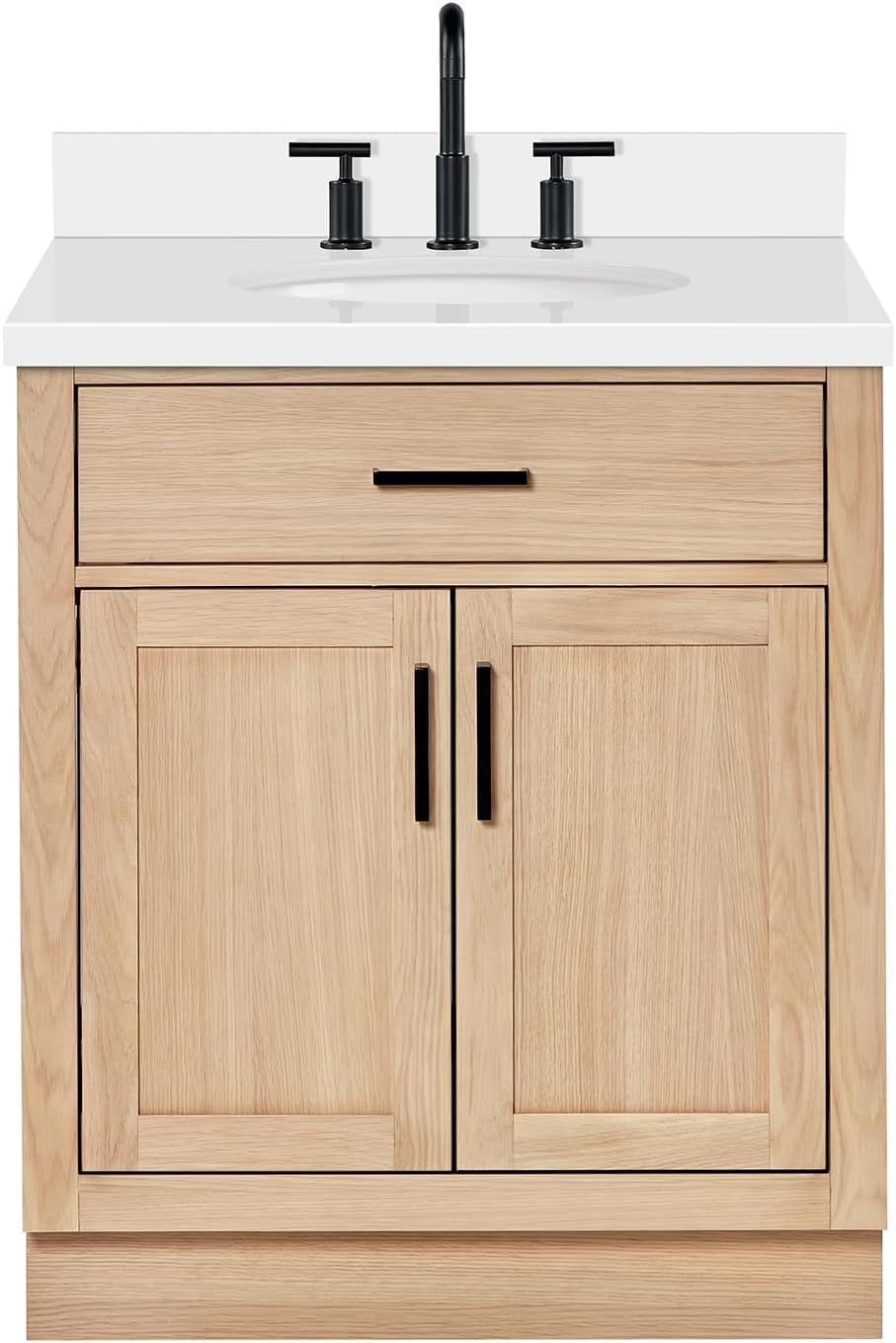 ARIEL Hepburn 30-inch Bathroom Vanity with Sink,Solid Wood, 1.5-inch Pure White Quartz Countertop & Backsplash, Single Oval Porcelain Sink, 2 Soft Closing Doors, 1 Dovetail Drawers, White Oak
