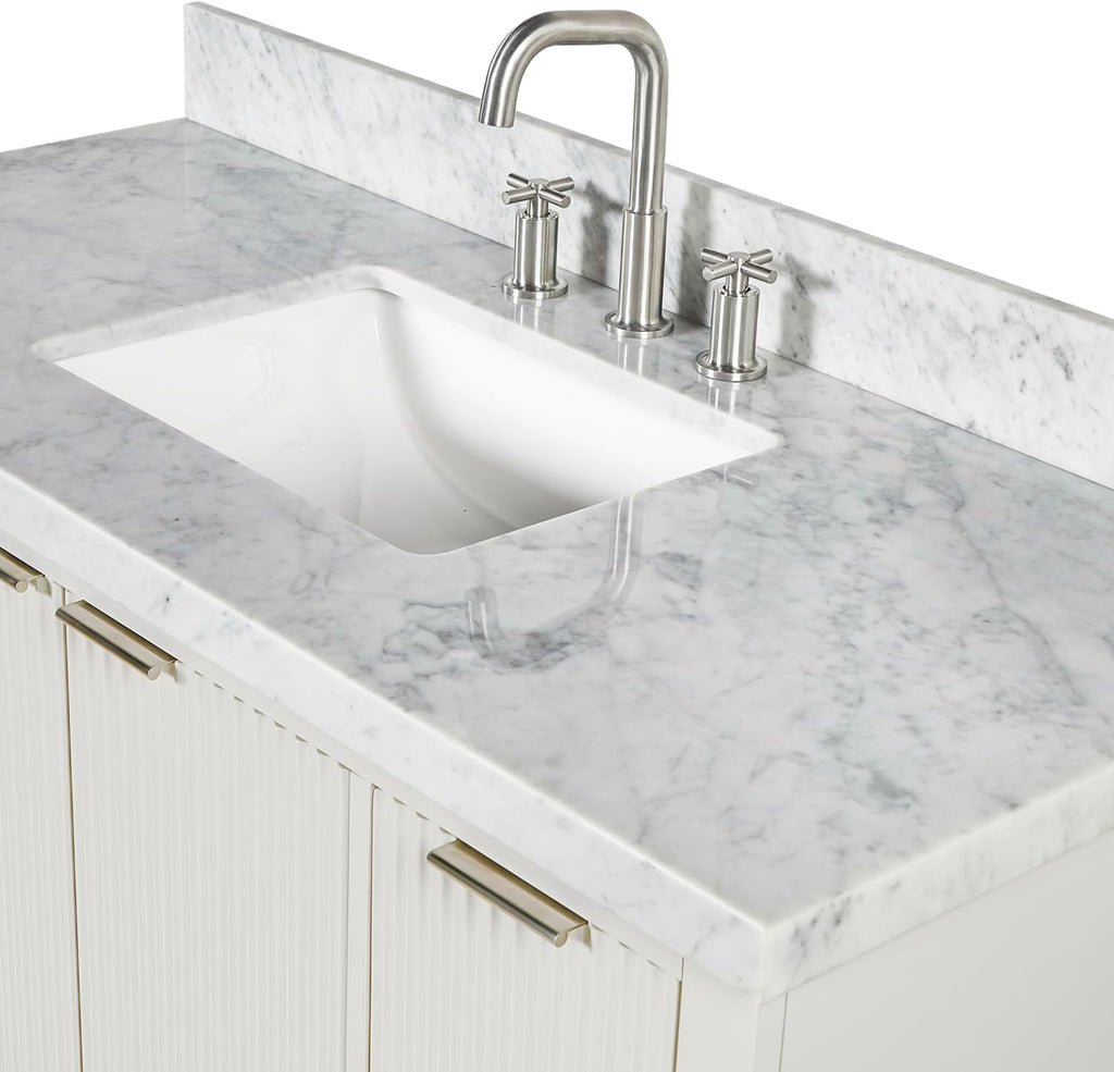 ARIEL Milan 48-inch Bathroom Vanity with Sink,Solid Wood, 1.5-inch Italian Carrara Marble Countertop, Single Rectangular Porcelain Sink, 2 Soft Closing Doors, 6 Dovetail Drawers, Warm White