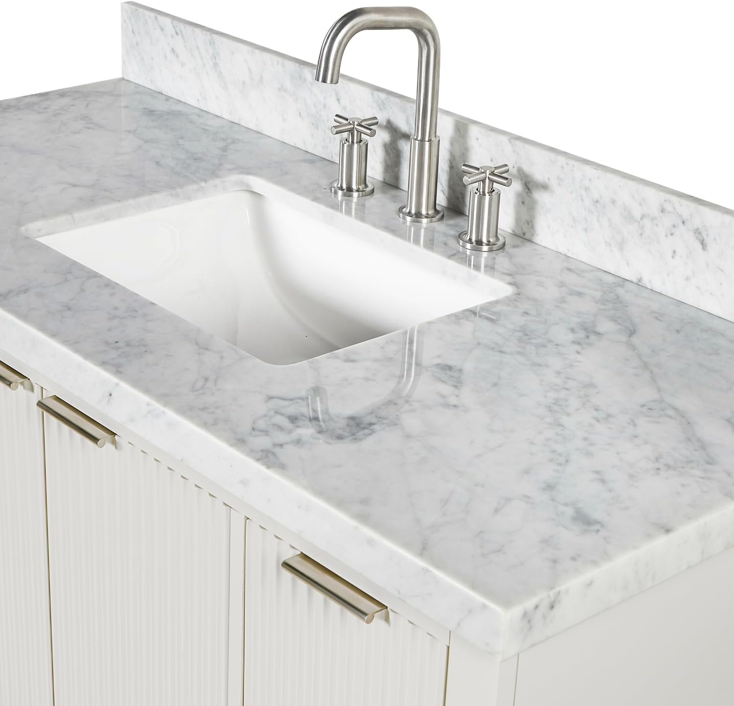 ARIEL Milan 48-inch Bathroom Vanity with Sink,Solid Wood, 1.5-inch Italian Carrara Marble Countertop, Single Rectangular Porcelain Sink, 2 Soft Closing Doors, 6 Dovetail Drawers, Warm White