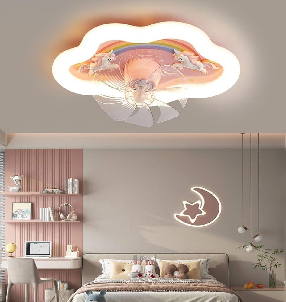 LED Ceiling Light With Fan, Cartoon Rainbow Cloud Fan Light, Remote Control Dimmable Ceiling Fan With Lighting, Modern 360° Rotating Girl's Room Pink Fan Light, 72w Mute Fan Light for Bedroom