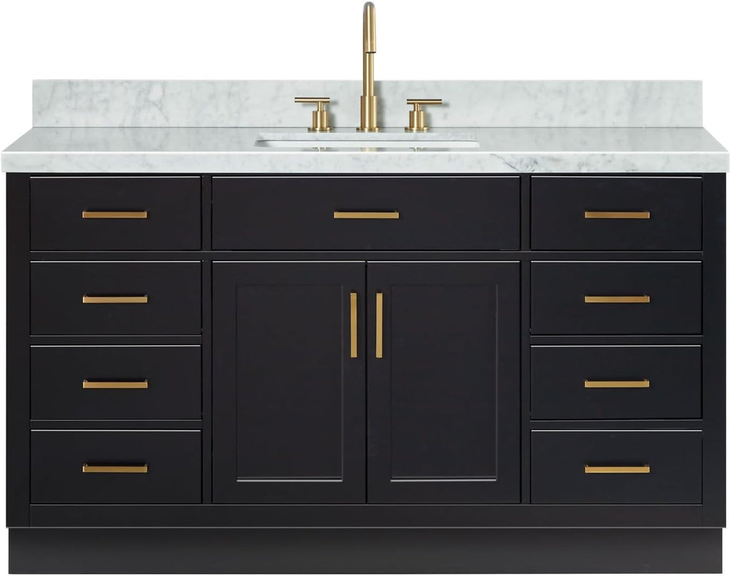 ARIEL Hepburn 60-inch Bathroom Vanity with Sink,Solid Wood, 1.5-inch Italian Carrara Marble Countertop, Single Rectangular Porcelain Sink, 2 Soft Closing Doors, 9 Dovetail Drawers, Black