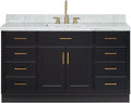 ARIEL Hepburn 60-inch Bathroom Vanity with Sink,Solid Wood, 1.5-inch Italian Carrara Marble Countertop, Single Rectangular Porcelain Sink, 2 Soft Closing Doors, 9 Dovetail Drawers, Black