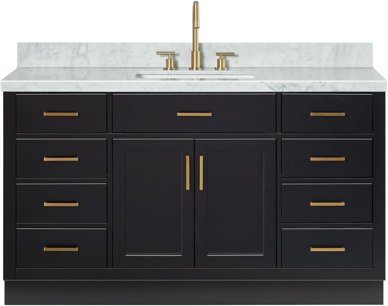 ARIEL Hepburn 60-inch Bathroom Vanity with Sink,Solid Wood, 1.5-inch Italian Carrara Marble Countertop, Single Rectangular Porcelain Sink, 2 Soft Closing Doors, 9 Dovetail Drawers, Black