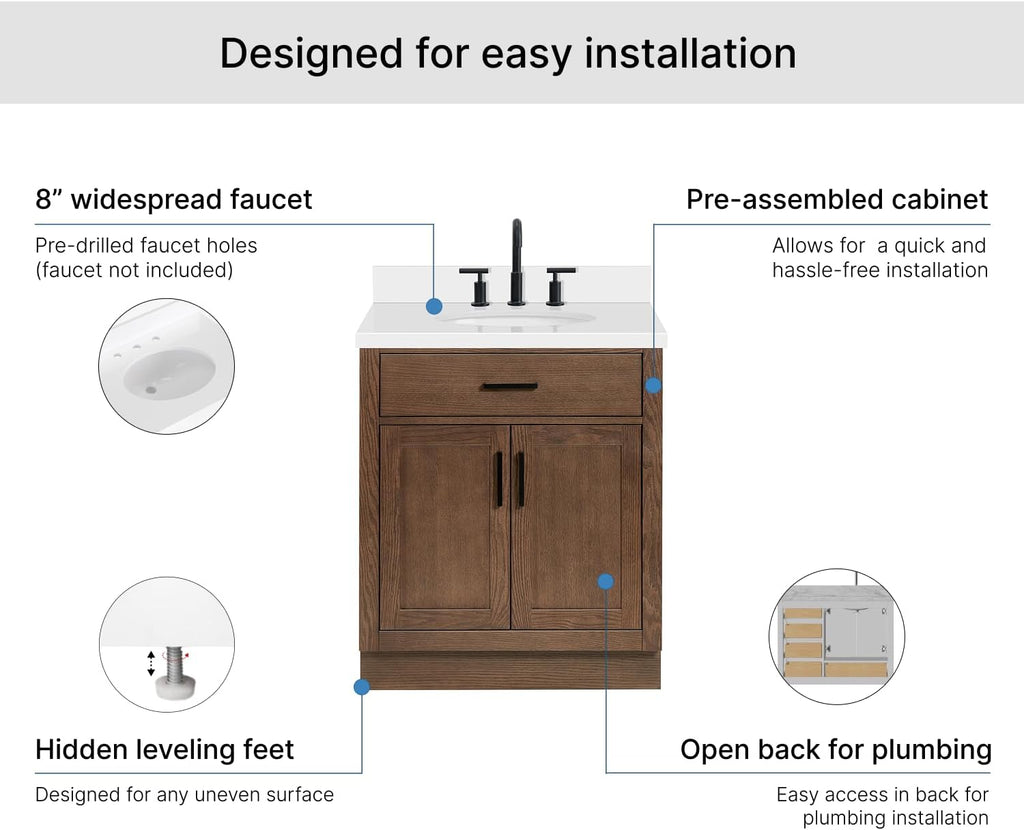 ARIEL Hepburn 30-inch Bathroom Vanity with Sink,Solid Wood, 1.5-inch Pure White Quartz Countertop & Backsplash, Single Oval Porcelain Sink, 2 Soft Closing Doors, 1 Dovetail Drawers, Brown Oak