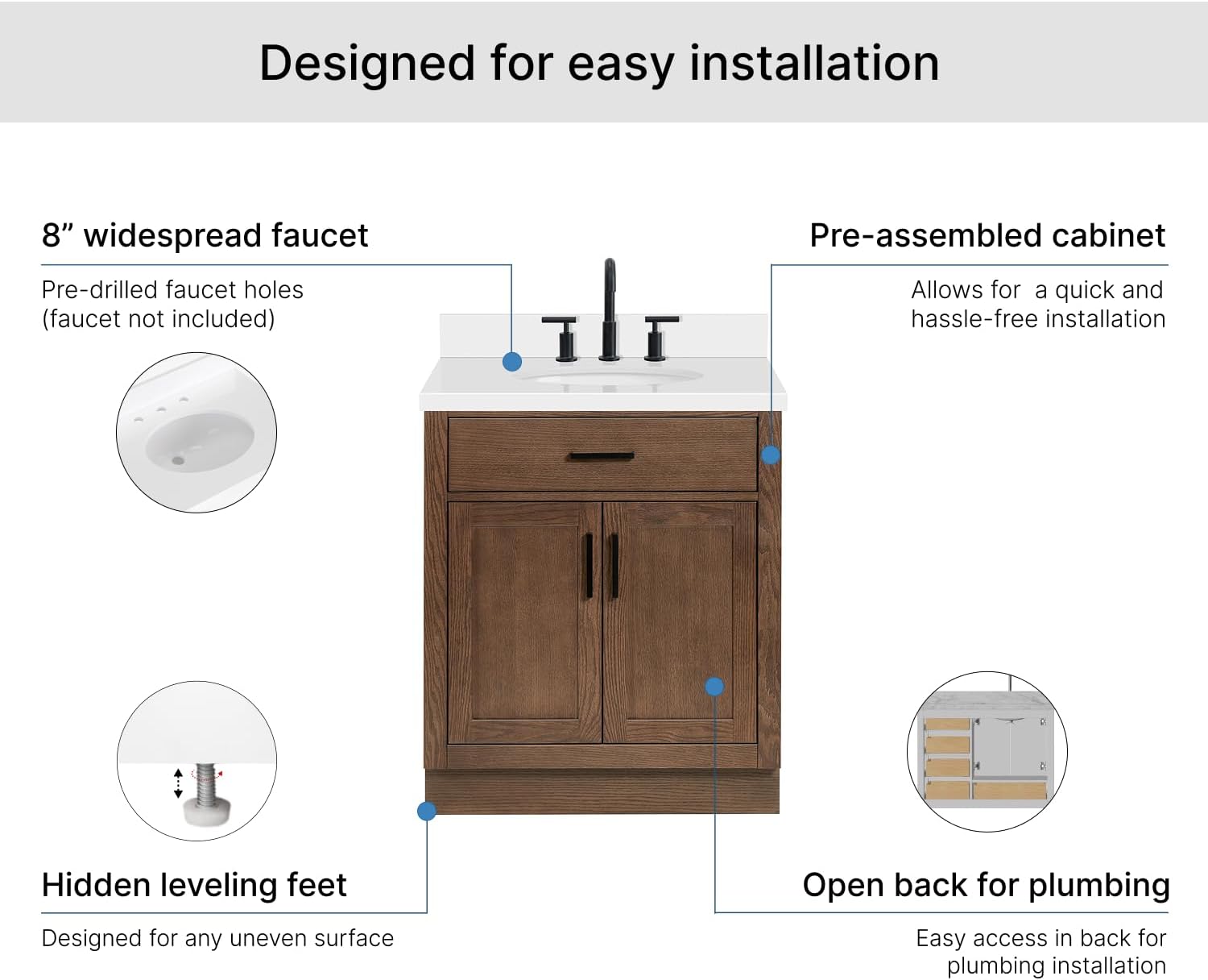 ARIEL Hepburn 30-inch Bathroom Vanity with Sink,Solid Wood, 1.5-inch Pure White Quartz Countertop & Backsplash, Single Oval Porcelain Sink, 2 Soft Closing Doors, 1 Dovetail Drawers, Brown Oak