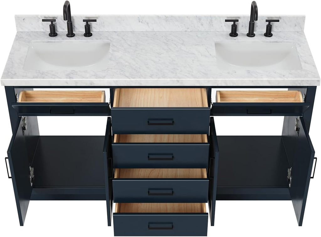ARIEL Hepburn 66-inch Bathroom Vanity with Sink,Solid Wood, 1.5-inch Italian Carrara Marble Countertop, Double Rectangular Porcelain Sink, 4 Soft Closing Doors, 6 Dovetail Drawers, Midnight Blue