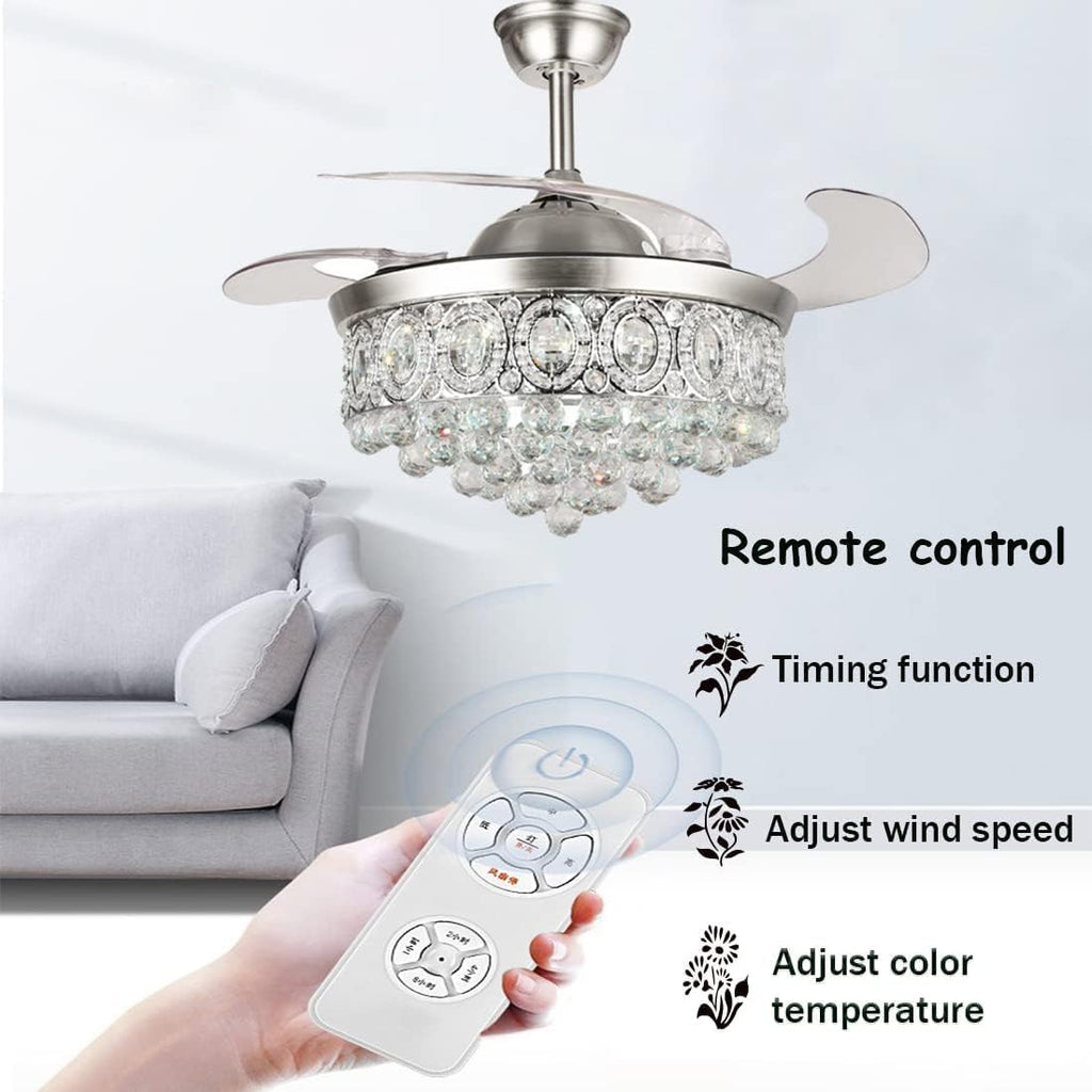 BIGBANBAN 42' Crystal Ceiling Fan Indoor with Light Remote Control Modern Silver Retractable Ceiling Fan Chandelier 3 Colors 3 Speeds Silent Fandelier Chandelier for Dinning Room Bedroom