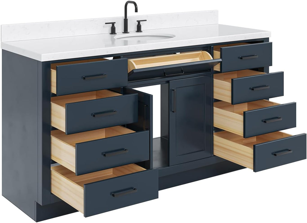 ARIEL Hepburn 66-inch Bathroom Vanity with Sink,Solid Wood, 1.5-inch Carrara White Quartz Countertop, Single Oval Porcelain Sink, 2 Soft Closing Doors, 9 Dovetail Drawers, Midnight Blue
