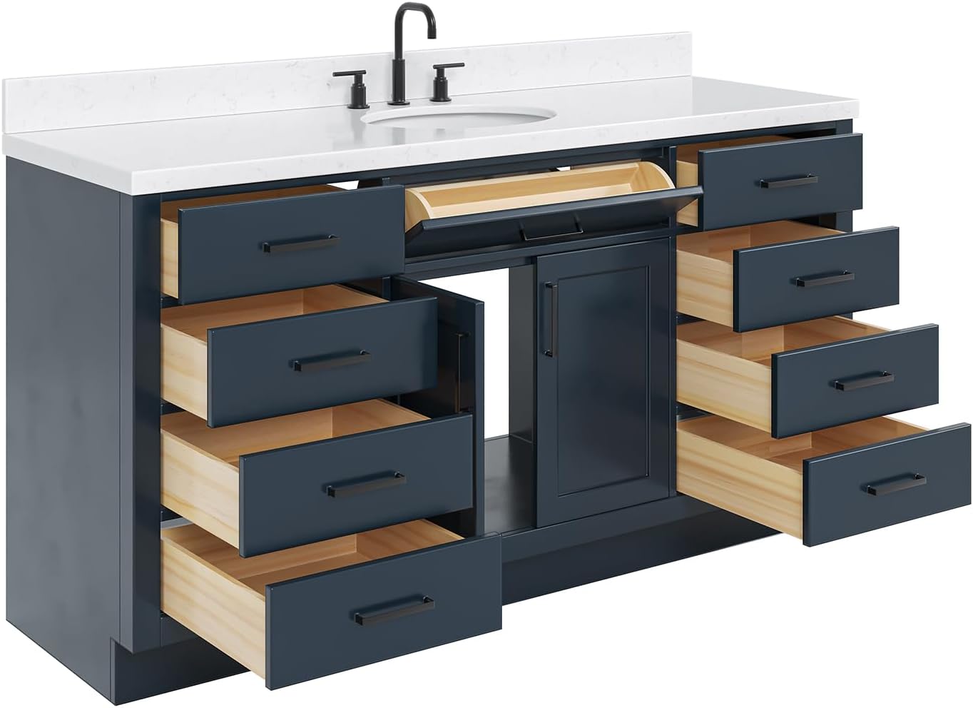 ARIEL Hepburn 66-inch Bathroom Vanity with Sink,Solid Wood, 1.5-inch Carrara White Quartz Countertop, Single Oval Porcelain Sink, 2 Soft Closing Doors, 9 Dovetail Drawers, Midnight Blue