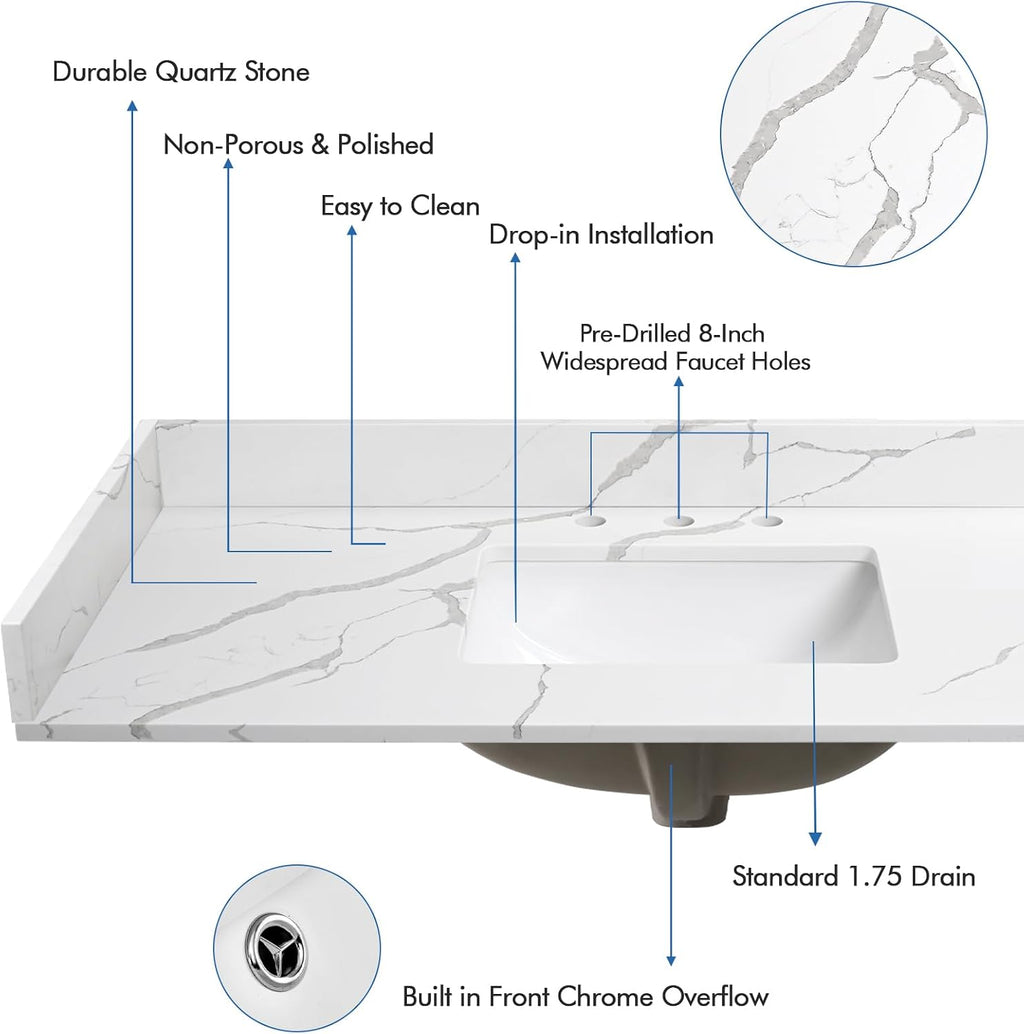 42 in.W x 22 in.D Quartz Calacatta River Vanity Top,with Undermount Middle Sink Vanity Top,with Two Sidesplash & One Backsplash,8 Inch Faucet Hole Spread Bathroom Vanity Sink Countertop