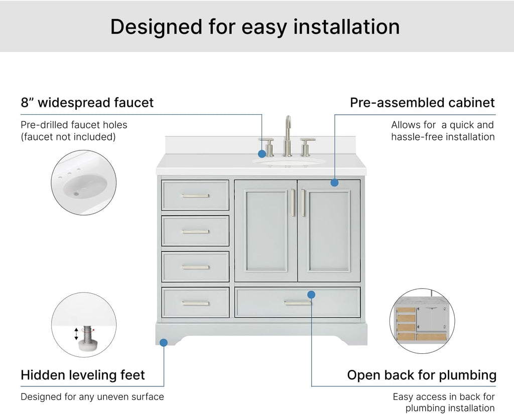 DKB Langford 42-inch Grey Bathroom Vanity with Right Oval Single Sink, Pure White Quartz Countertop & Backsplash, Solid Wood Frame, Soft-Closing & Dovetail Drawers