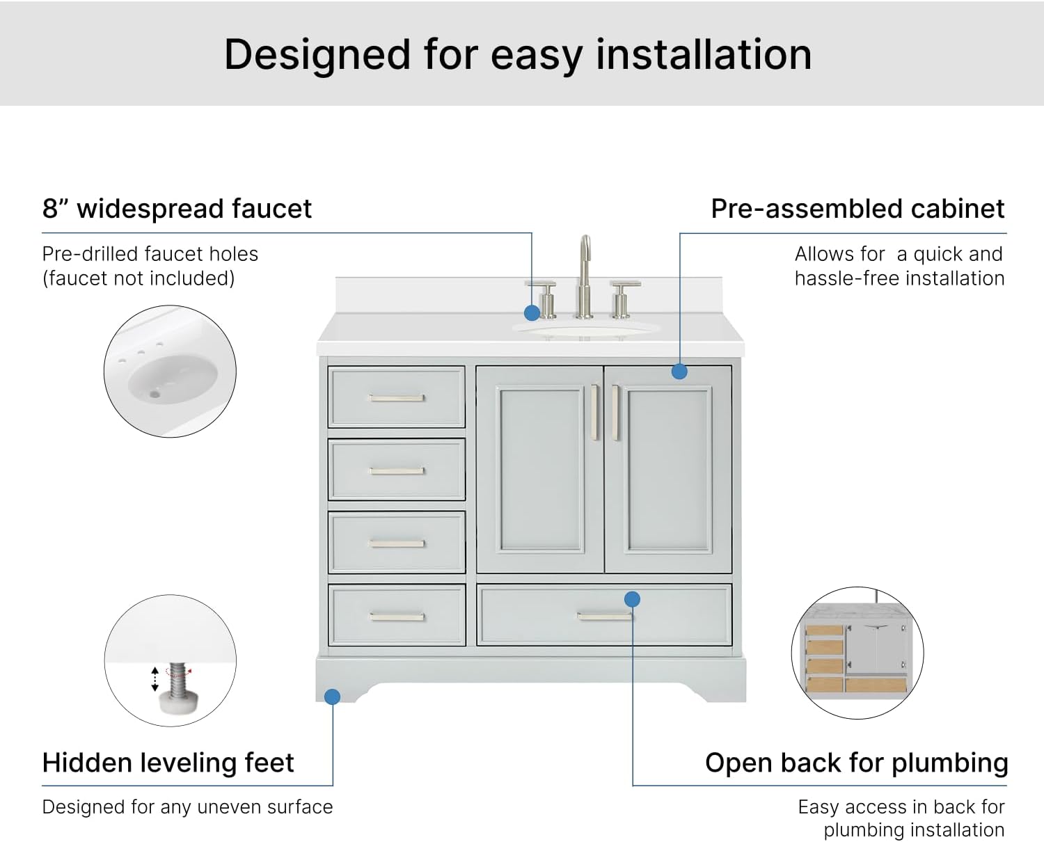 DKB Langford 42-inch Grey Bathroom Vanity with Right Oval Single Sink, Pure White Quartz Countertop & Backsplash, Solid Wood Frame, Soft-Closing & Dovetail Drawers