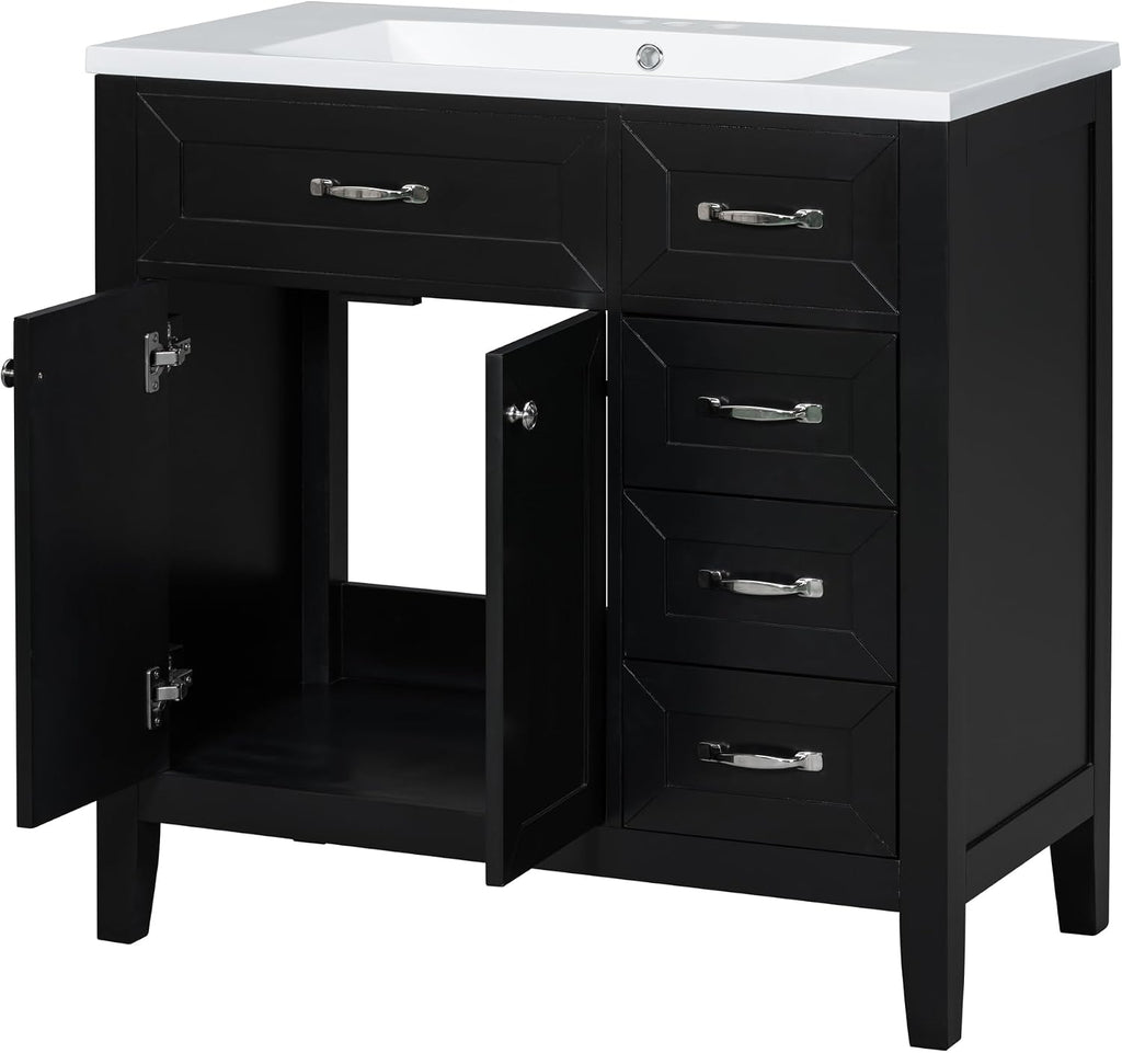 LUMISOL 36 Inch Bathroom Vanity with Ceramic Sink, Solid Wood Bathroom Storage Cabinet with 3 Drawers & 2 Soft-Close Doors, Freestanding Vanity with Sink Combo Set, Black