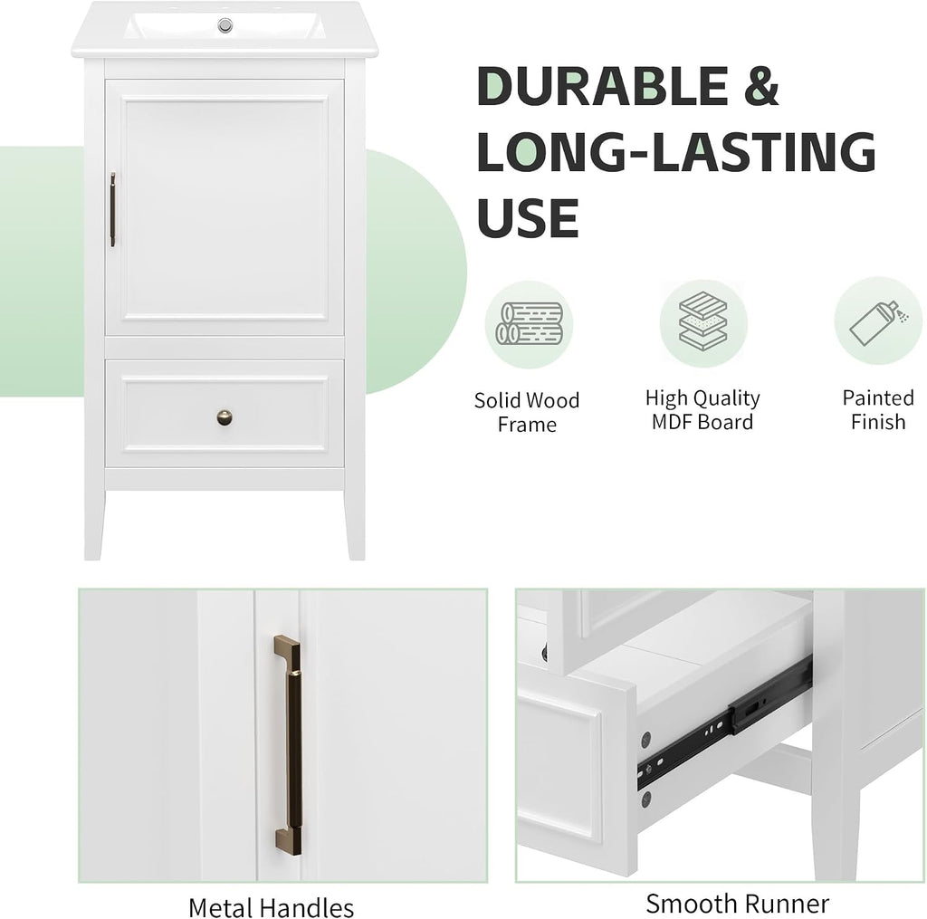 Harper & Bright Designs 20' Bathroom Vanity with Sink, Free Standing Single Vanity Set with One Drawer, and Door Storage Shelf, Solid Wood Storage Cabinet with Ceramic Basin for Bathroom, White