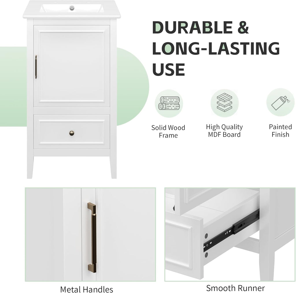 20-inch Bathroom Vanity with Sink Combo, Free-Standing Single Bathroom Storage Cabinet with Soft Closing Door, Storage Rack, and Drawer, Vanity with Ceramic Basin for Bathroom (White)