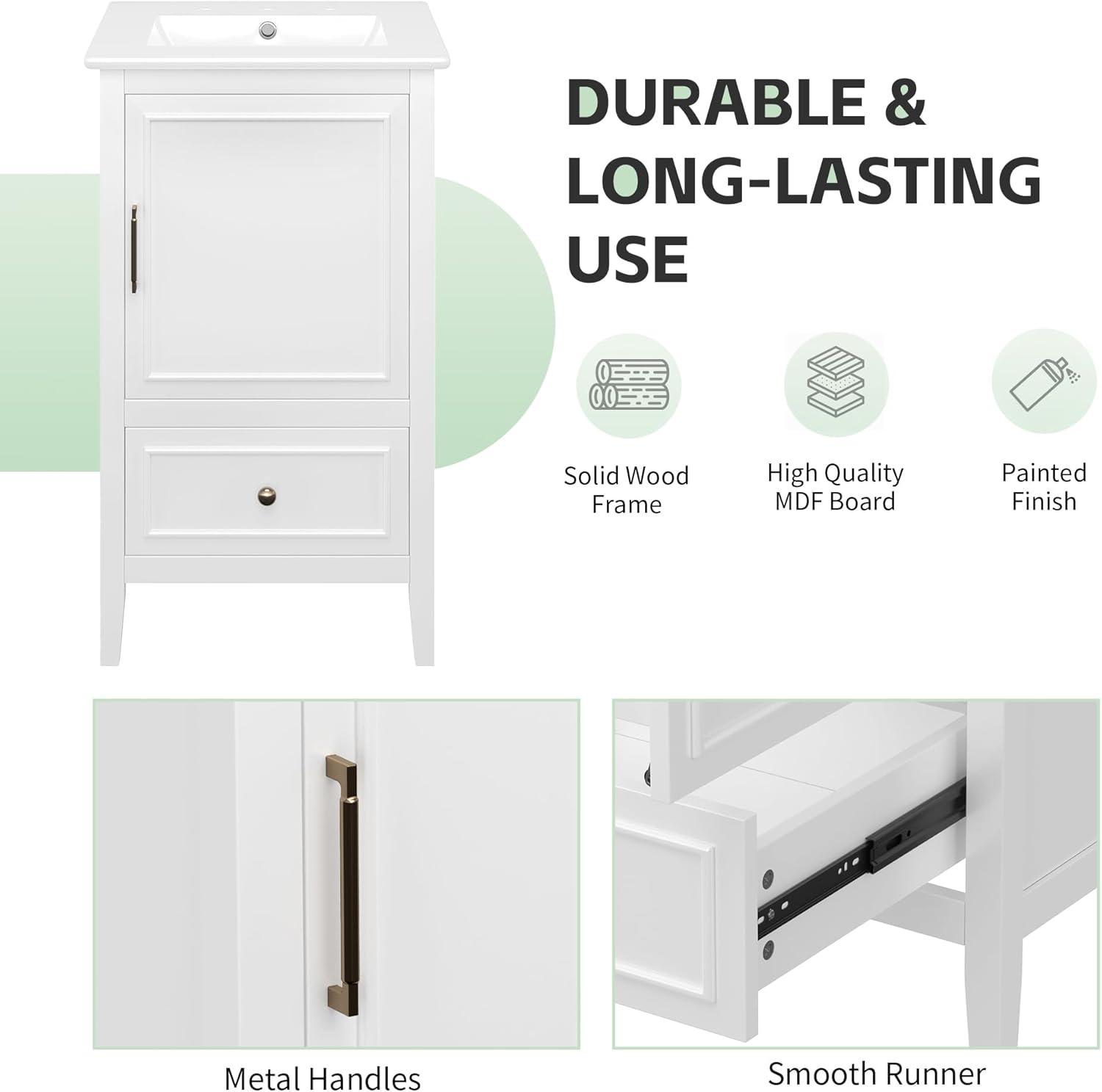 20-inch Bathroom Vanity with Sink Combo, Free-Standing Single Bathroom Storage Cabinet with Soft Closing Door, Storage Rack, and Drawer, Vanity with Ceramic Basin for Bathroom (White)