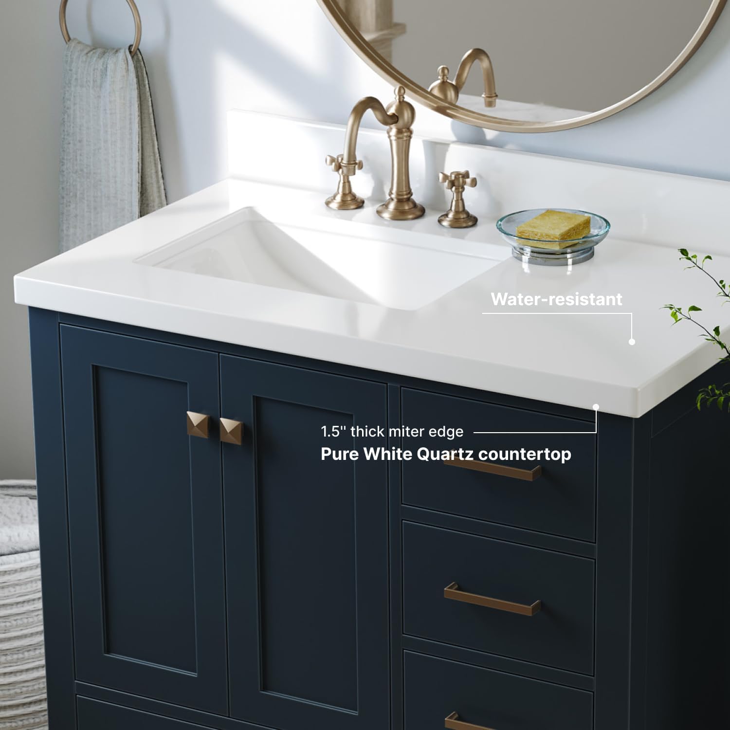 ARIEL Cambridge 36-inch Bathroom Vanity with Sink,Solid Wood, 1.5-inch Pure White Quartz Countertop, Single Rectangular Porcelain Sink, 2 Soft Closing Doors, 5 Dovetail Drawers, Midnight Blue