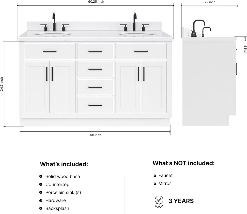 ARIEL Hepburn 60-inch Bathroom Vanity with Sink,Solid Wood, 1.5-inch Carrara White Quartz Countertop & Backsplash, Double Oval Porcelain Sink, 4 Soft Closing Doors, 6 Dovetail Drawers, White