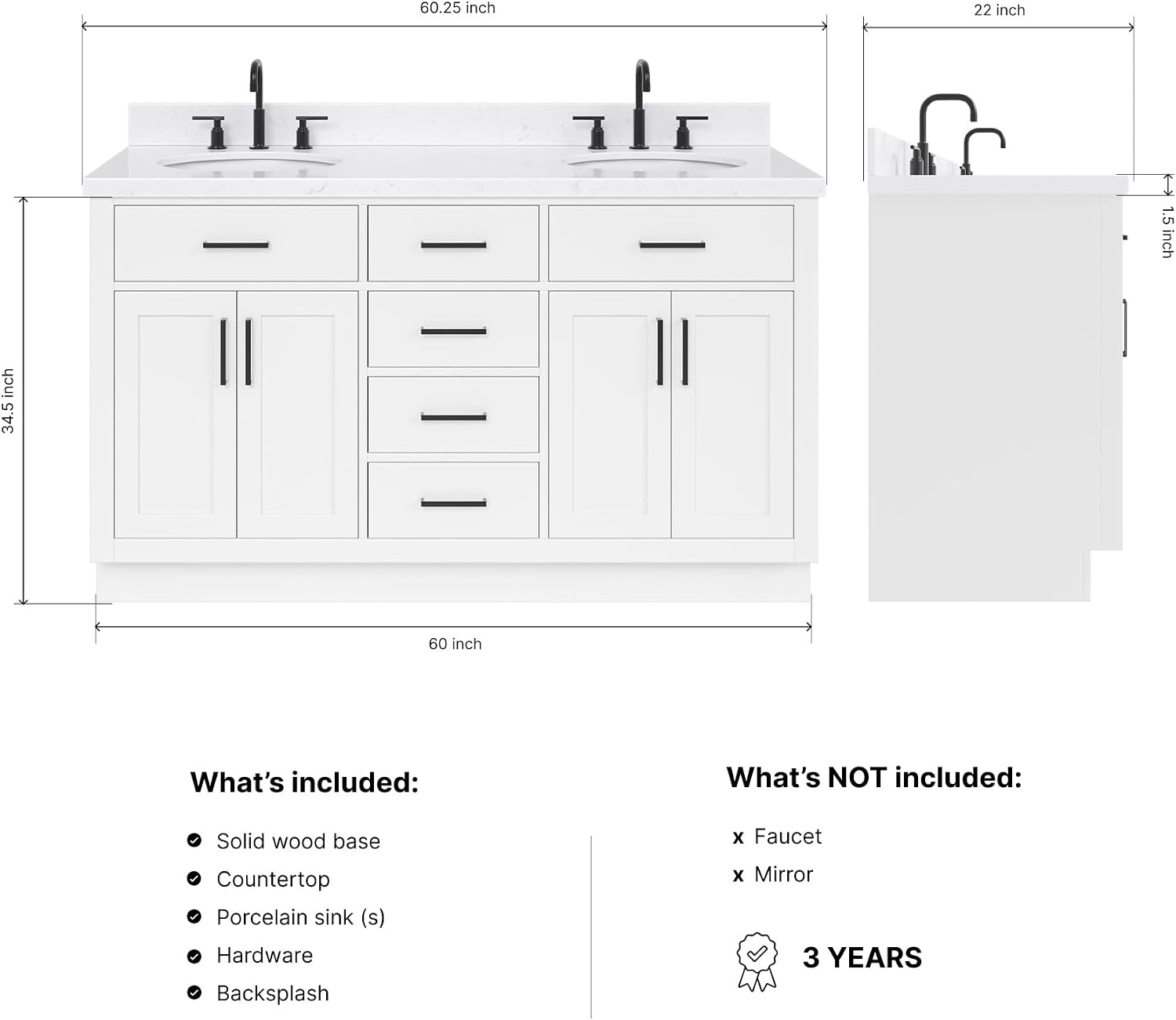 ARIEL Hepburn 60-inch Bathroom Vanity with Sink,Solid Wood, 1.5-inch Carrara White Quartz Countertop & Backsplash, Double Oval Porcelain Sink, 4 Soft Closing Doors, 6 Dovetail Drawers, White