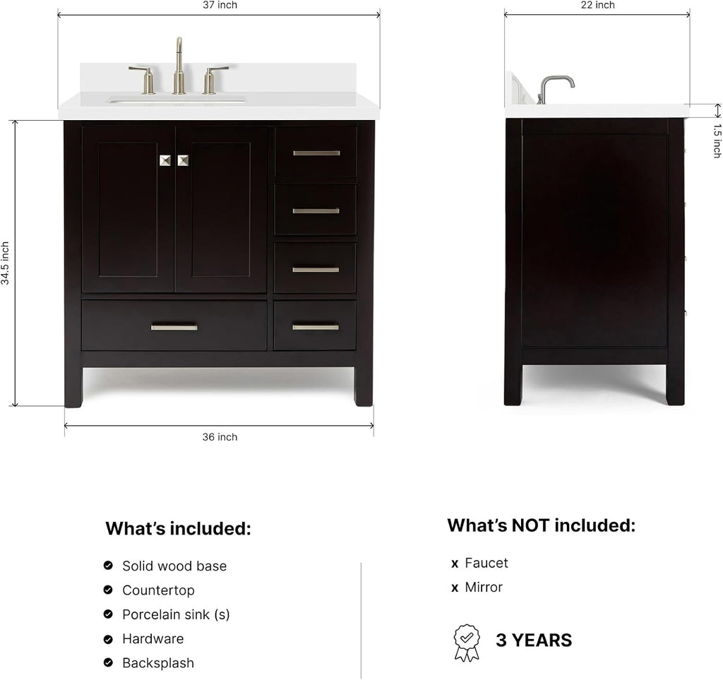 ARIEL Cambridge 36-inch Bathroom Vanity with Sink,Solid Wood, 1.5-inch Pure White Quartz Countertop, Single Rectangular Porcelain Sink, 2 Soft Closing Doors, 5 Dovetail Drawers, Espresso