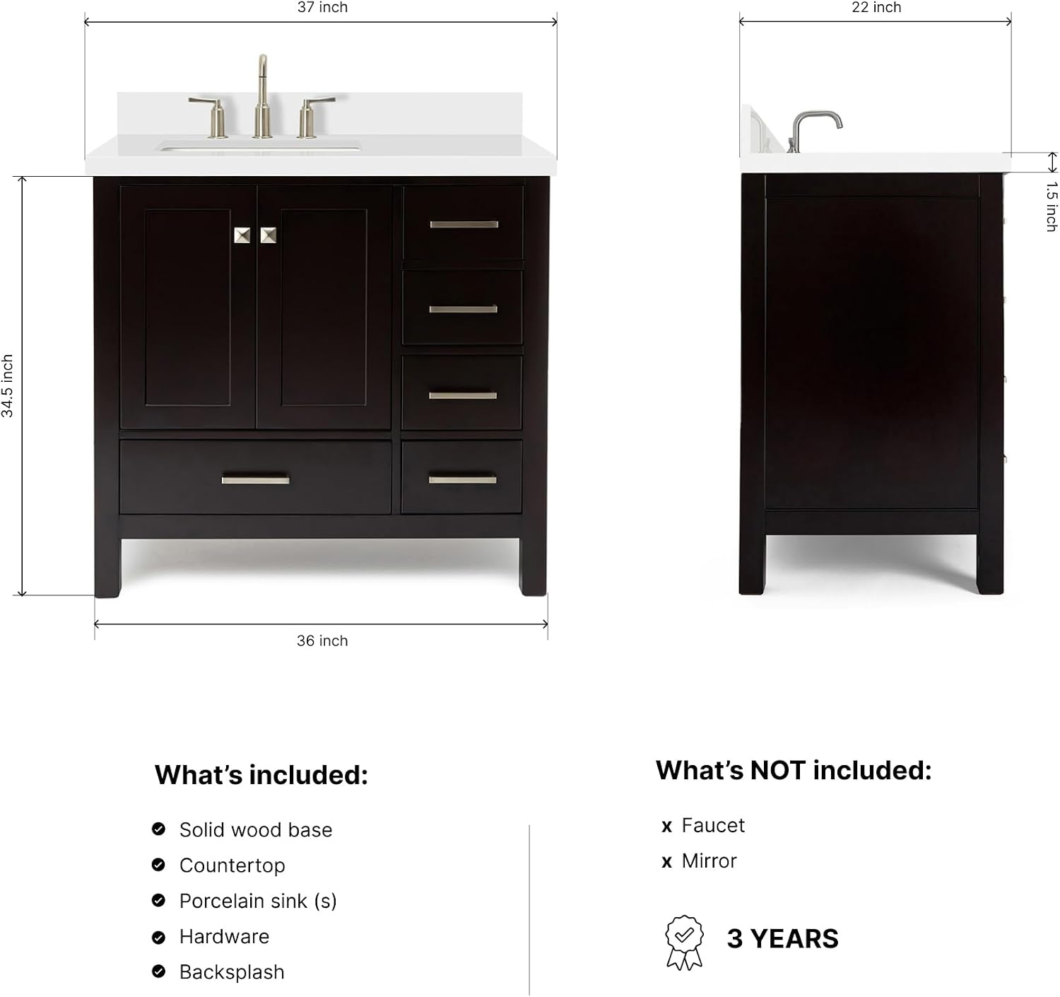 ARIEL Cambridge 36-inch Bathroom Vanity with Sink,Solid Wood, 1.5-inch Pure White Quartz Countertop, Single Rectangular Porcelain Sink, 2 Soft Closing Doors, 5 Dovetail Drawers, Espresso