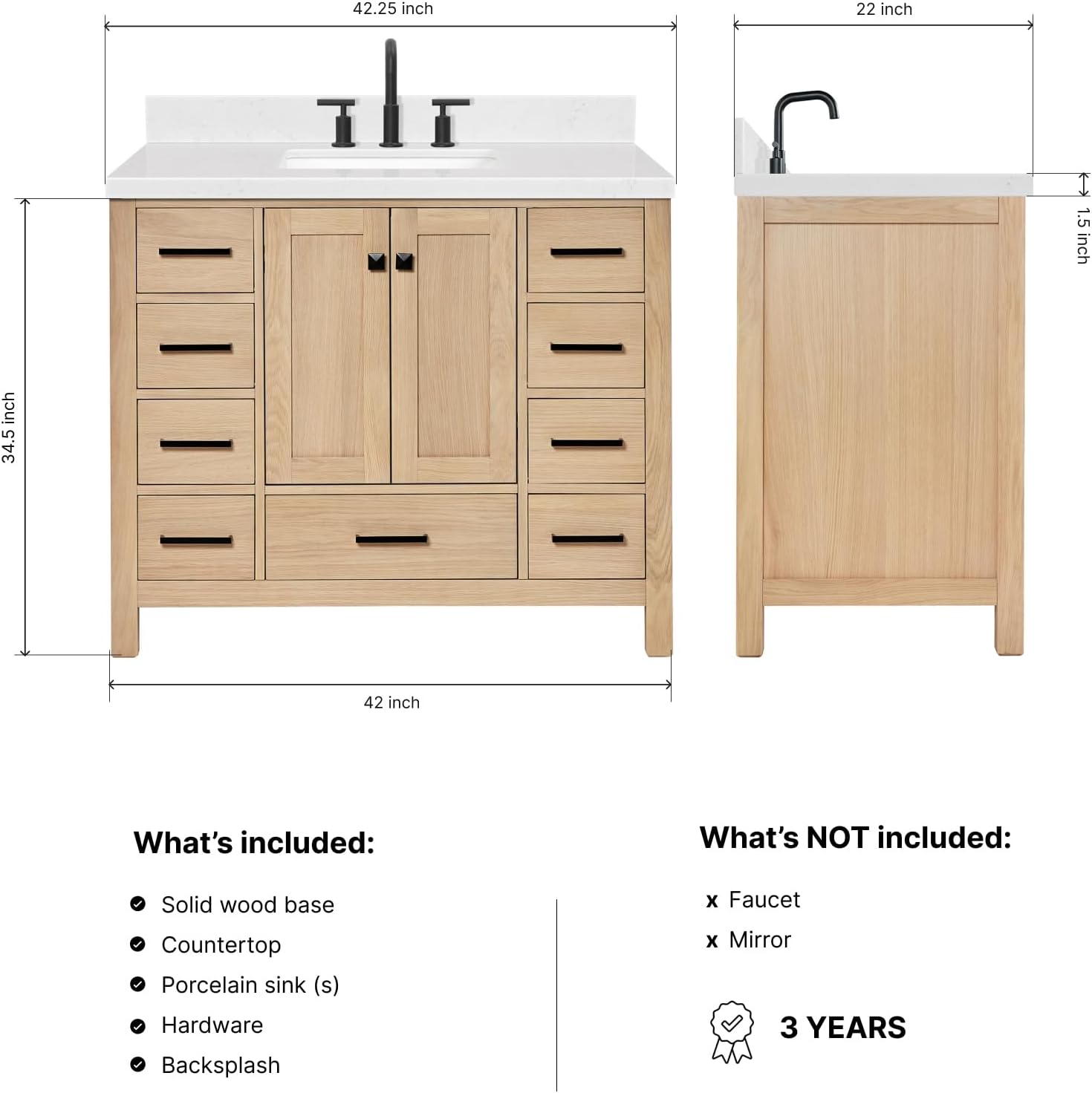 ARIEL Cambridge 42-inch Bathroom Vanity with Sink,Solid Wood, 1.5-inch Carrara White Quartz Countertop, Single Rectangular Porcelain Sink, 2 Soft Closing Doors, 9 Dovetail Drawers, White Oak