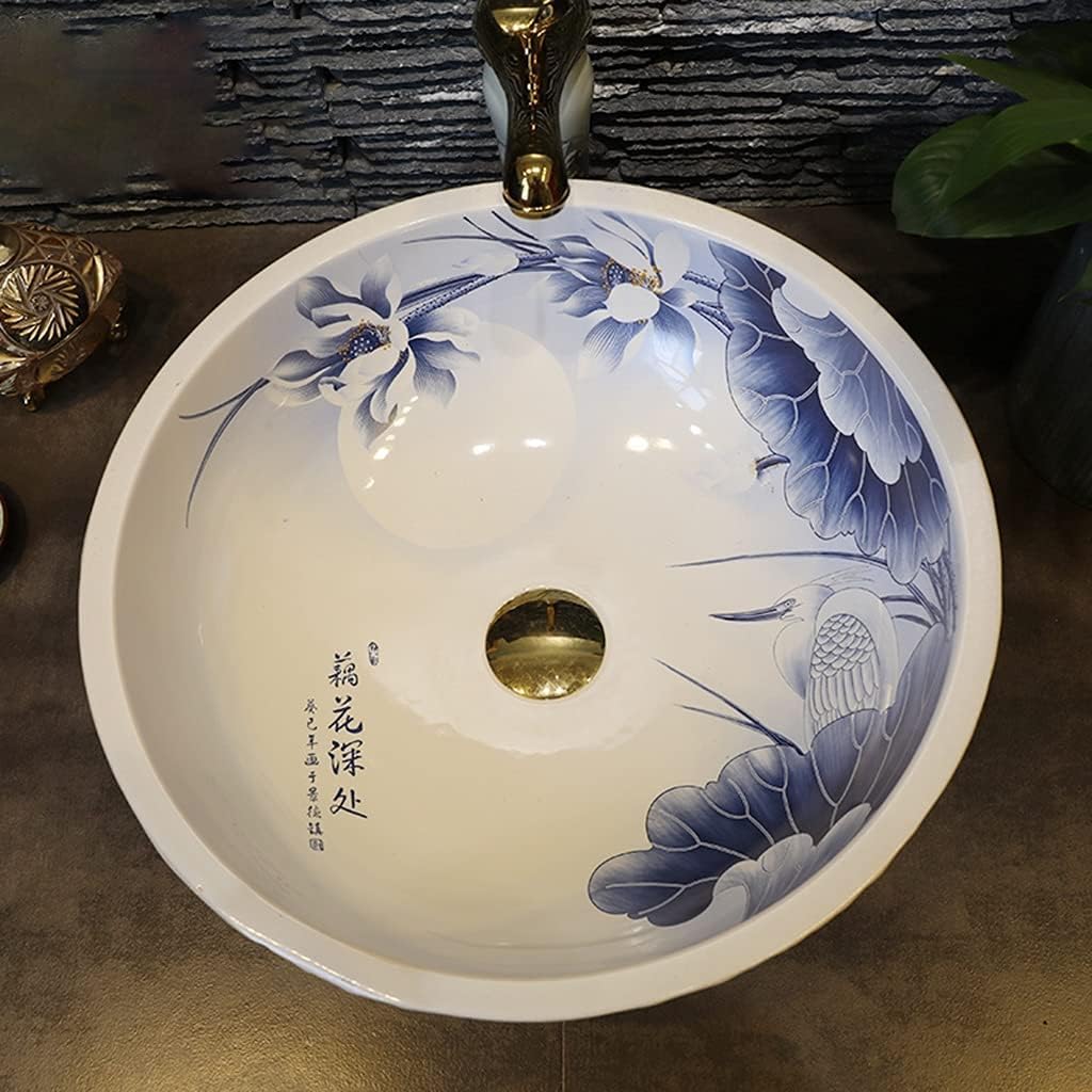 Bathroom Basin Vessels Sink Countertop Basin, Vanity Sink Tops Chinese Retro Lotus Ceramic Bathroom Sink, Round Single Basin in Household Bathroom,White-42 * 15cm