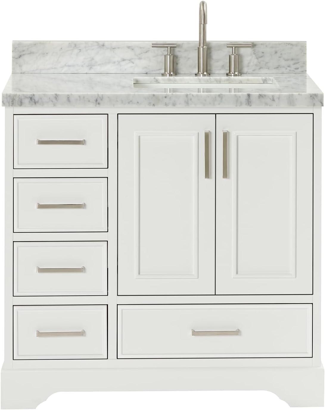 ARIEL Stafford 36-inch Bathroom Vanity with Sink,Solid Wood, 1.5-inch Italian Carrara Marble Countertop, Single Rectangular Porcelain Sink, 2 Soft Closing Doors, 5 Dovetail Drawers, White