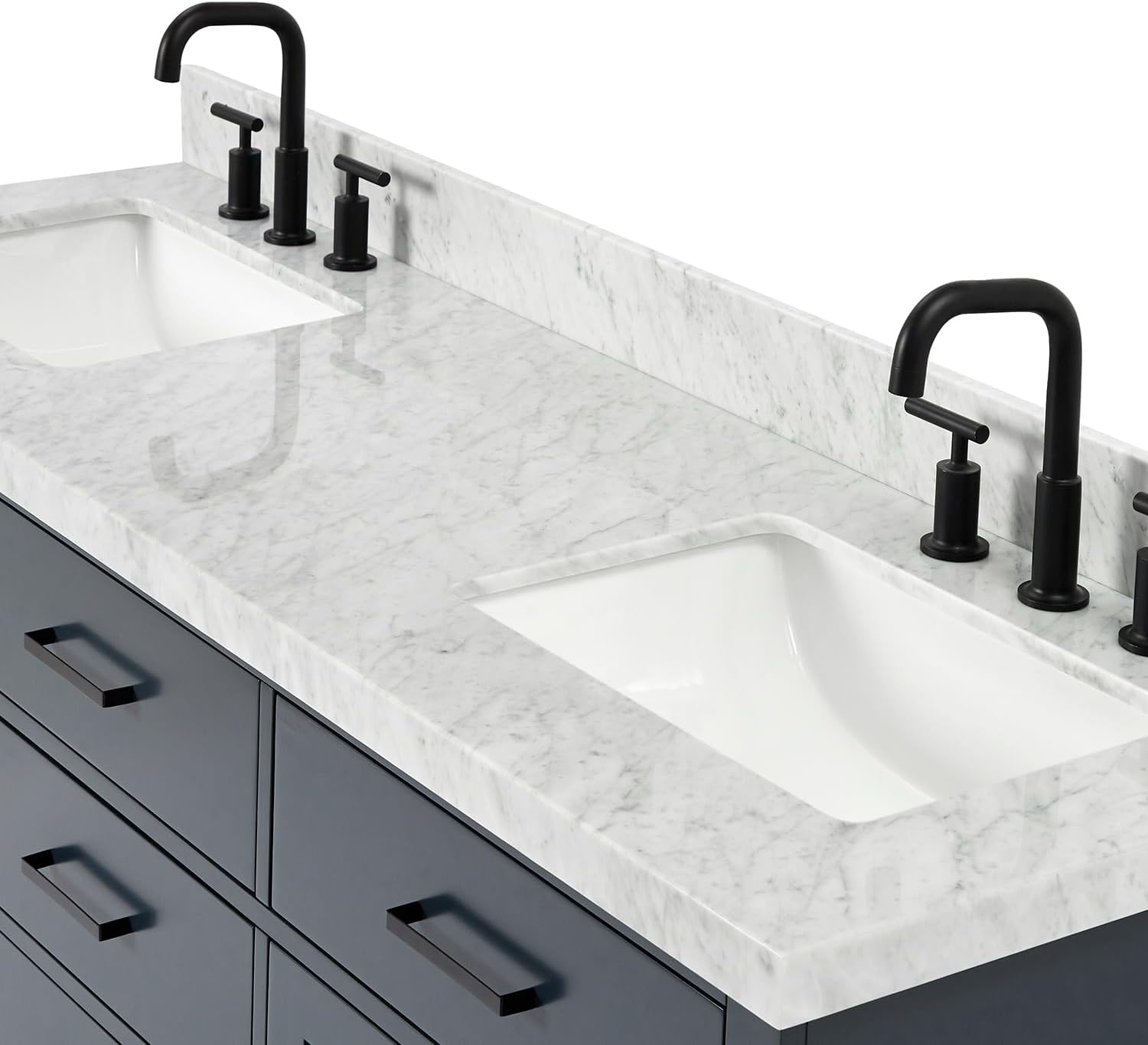 ARIEL Hepburn 66-inch Bathroom Vanity with Sink,Solid Wood, 1.5-inch Italian Carrara Marble Countertop, Double Rectangular Porcelain Sink, 4 Soft Closing Doors, 6 Dovetail Drawers, Midnight Blue