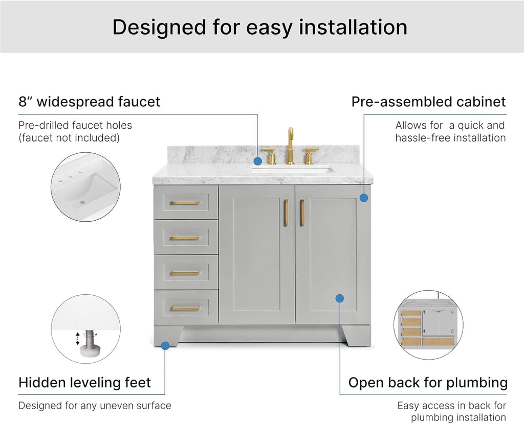 ARIEL Taylor 42-inch Bathroom Vanity with Sink,Solid Wood, 1.5-inch Italian Carrara Marble Countertop & Backsplash, Single Rectangular Porcelain Sink, 2 Soft Closing Doors, 5 Dovetail Drawers, Grey