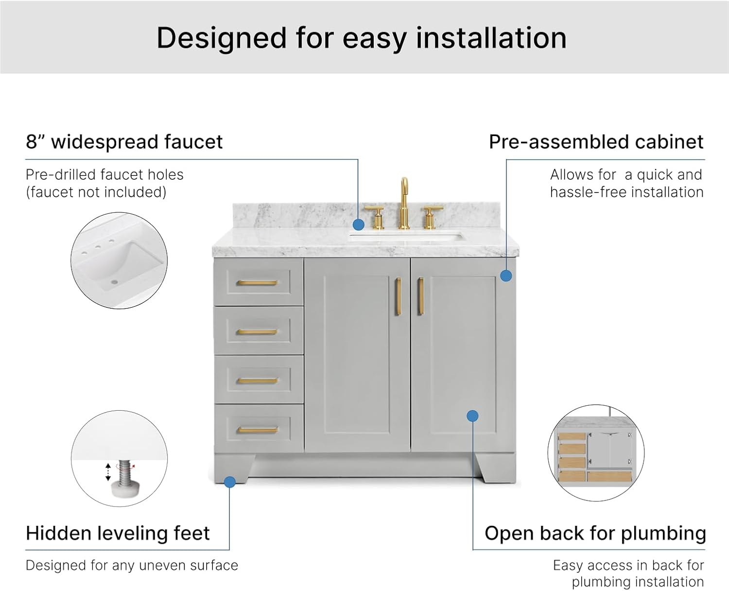 ARIEL Taylor 42-inch Bathroom Vanity with Sink,Solid Wood, 1.5-inch Italian Carrara Marble Countertop & Backsplash, Single Rectangular Porcelain Sink, 2 Soft Closing Doors, 5 Dovetail Drawers, Grey