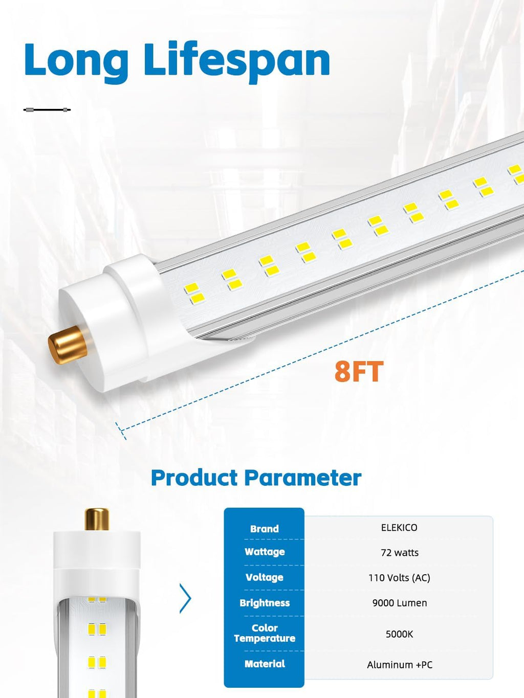 ELEKICO 8FT LED Bulbs, Super Bright 72W 9000lm 5000K, T8 T10 T12 LED Tube Lights, FA8 Single Pin T8 LED Lights, Clear Cover, 8 Foot LED Bulbs to Replace Fluorescent Light Bulbs (Pack of 6)