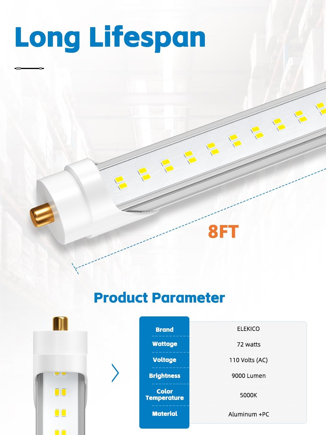 ELEKICO 8FT LED Bulbs, Super Bright 72W 9000lm 5000K, T8 T10 T12 LED Tube Lights, FA8 Single Pin T8 LED Lights, Clear Cover, 8 Foot LED Bulbs to Replace Fluorescent Light Bulbs (Pack of 6)