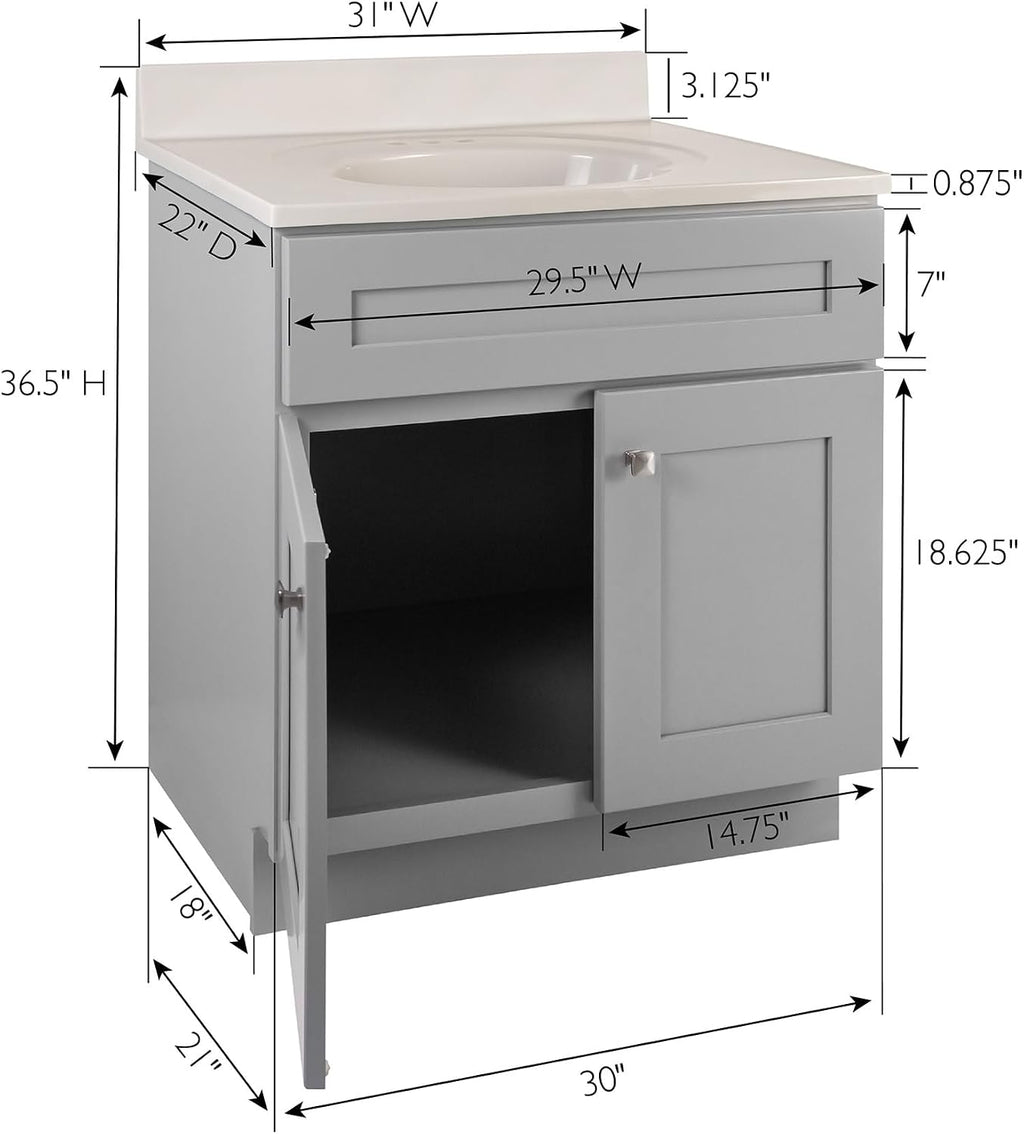 Design House Brookings 31 Inch Bathroom Vanity with Top, Ready to Assemble, Painted Gray, 597682