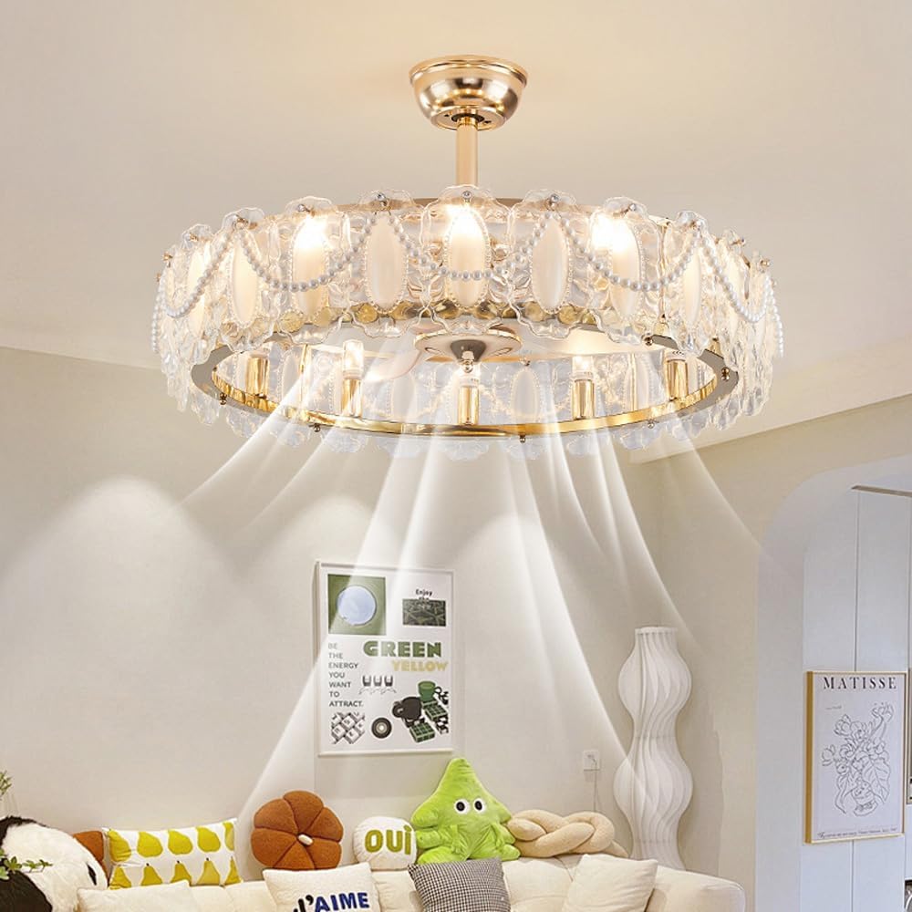21' Modern Chandelier LED High Ceiling Light Fan with Remote Pearl Vintage Glass Fan Light Reversible Fan Large Ceiling Fan with Light for Girls Bedroom Living Room Dining Room