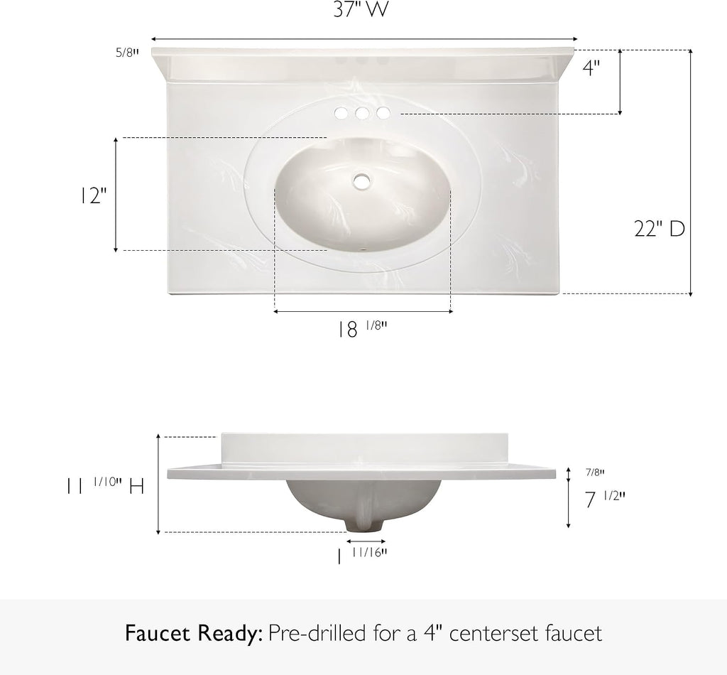 Pemberly Row Cultured Marble Vanity Top, 37' x 22', White on White Ivory Swirl Finish, Integrated Oval Sink with Overflow, Pre-Drilled 4-Inch Centerset, 4-Inch Backsplash, Durable Easy-Clean Bathroom