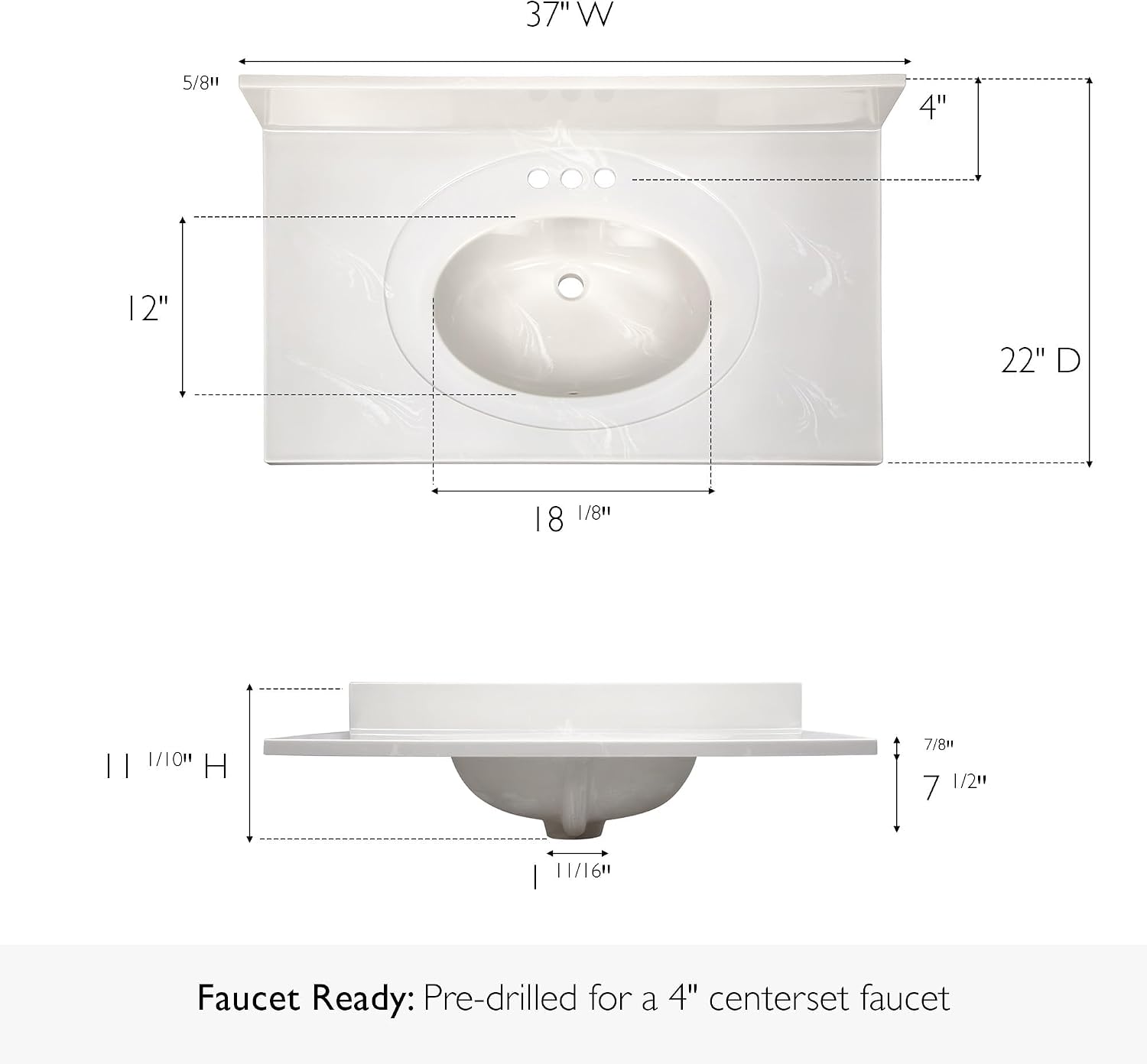 Pemberly Row Cultured Marble Vanity Top, 37' x 22', White on White Ivory Swirl Finish, Integrated Oval Sink with Overflow, Pre-Drilled 4-Inch Centerset, 4-Inch Backsplash, Durable Easy-Clean Bathroom