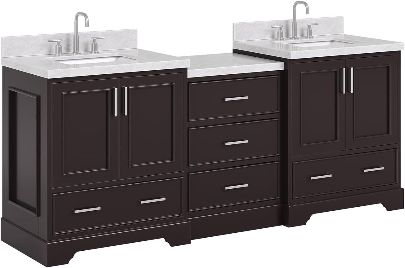 ARIEL Stafford 84-inch Bathroom Vanity with Sink,Solid Wood, 1.5in Italian Carrara Marble Countertop, Double Rectangular Porcelain Sink, 4 Soft Closing Doors, 5 Dovetail Drawers, Espresso