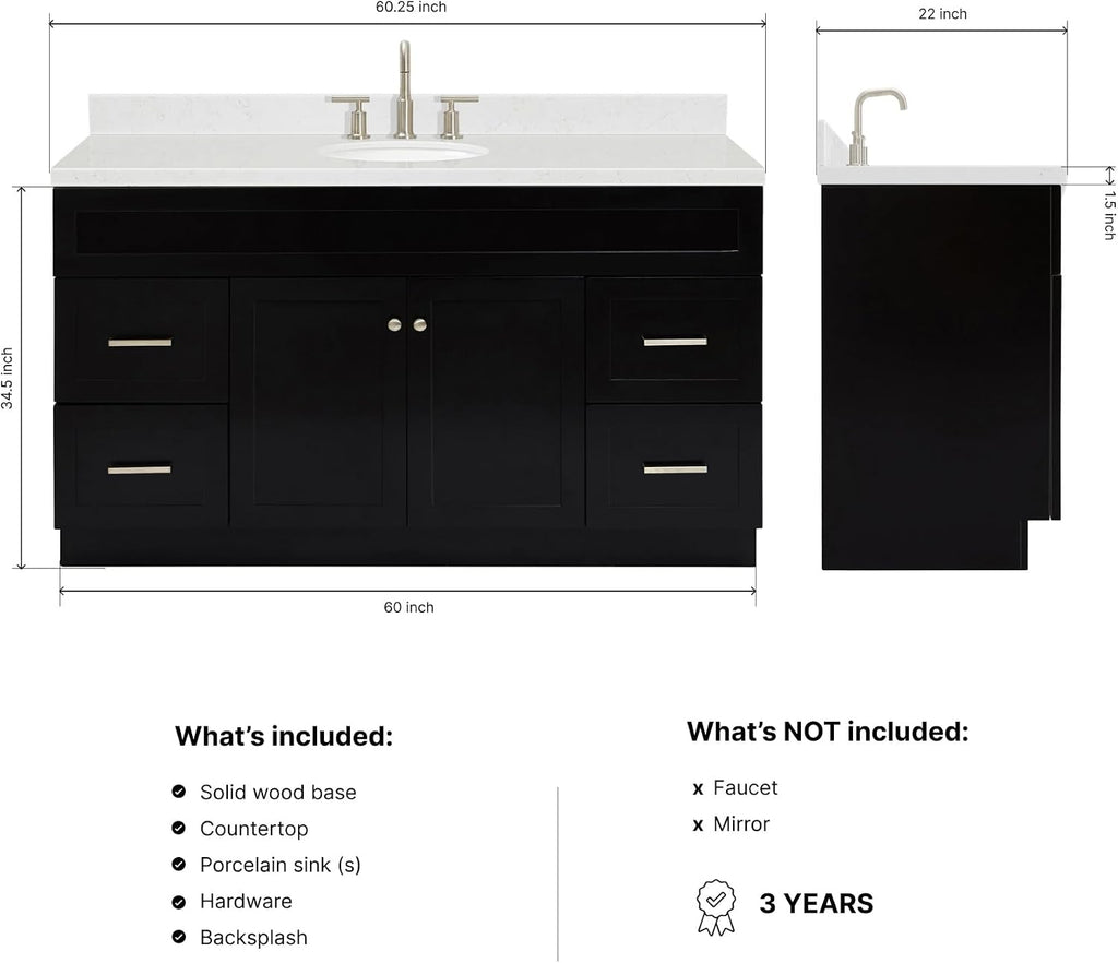 ARIEL Hamlet 60-inch Bathroom Vanity with Sink,Solid Wood, 1.5-inch Carrara White Quartz Countertop & Backsplash, Single Oval Porcelain Sink, 2 Soft Closing Doors, 4 Dovetail Drawers, Black