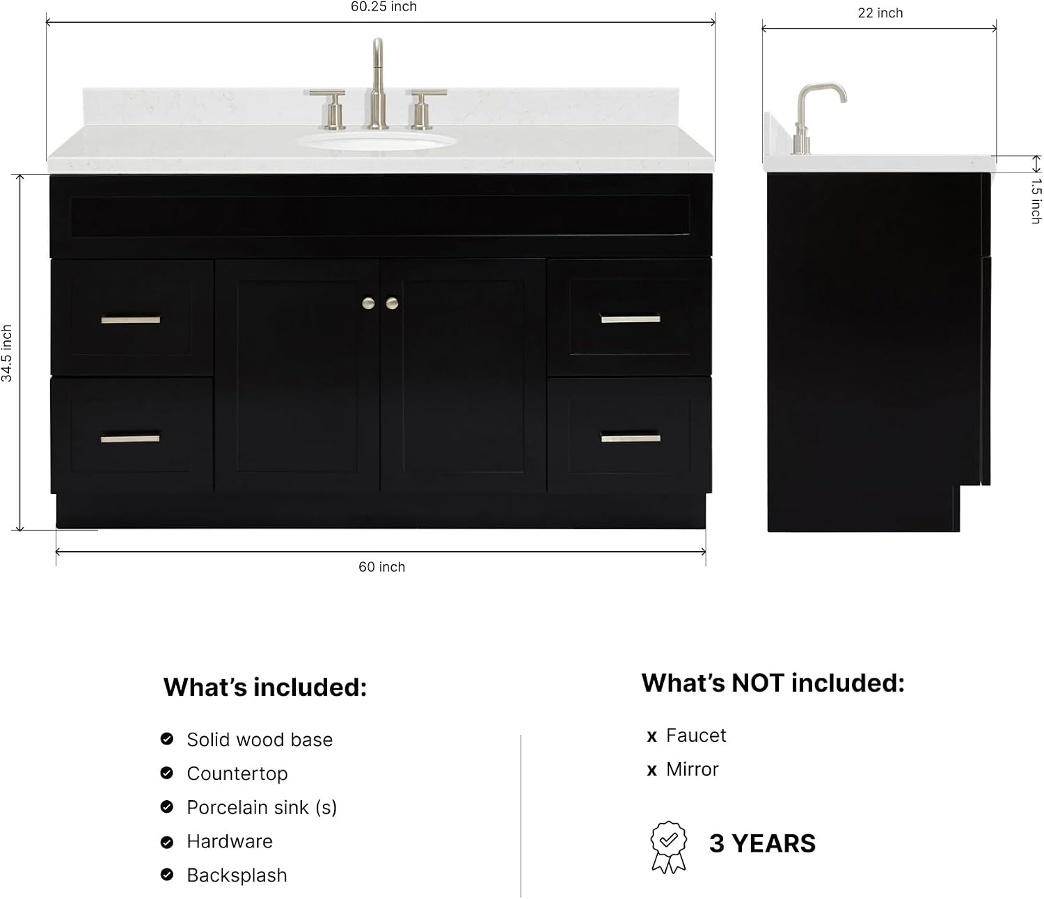 ARIEL Hamlet 60-inch Bathroom Vanity with Sink,Solid Wood, 1.5-inch Carrara White Quartz Countertop & Backsplash, Single Oval Porcelain Sink, 2 Soft Closing Doors, 4 Dovetail Drawers, Black