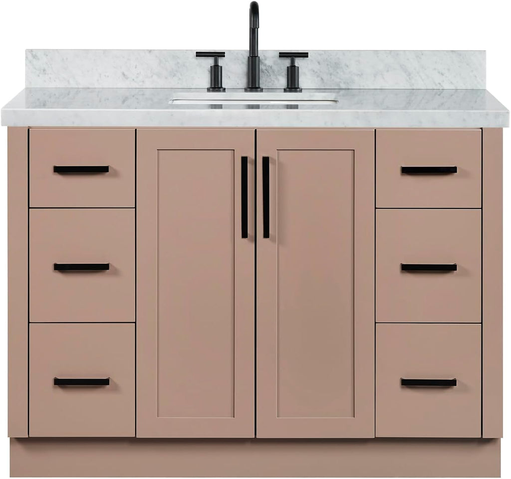 ARIEL Loren 48-inch Bathroom Vanity with Sink,Solid Wood, 1.5-inch Italian Carrara Marble Countertop, Single Rectangular Porcelain Sink, 2 Soft Closing Doors, 7 Dovetail Drawers, Mocha