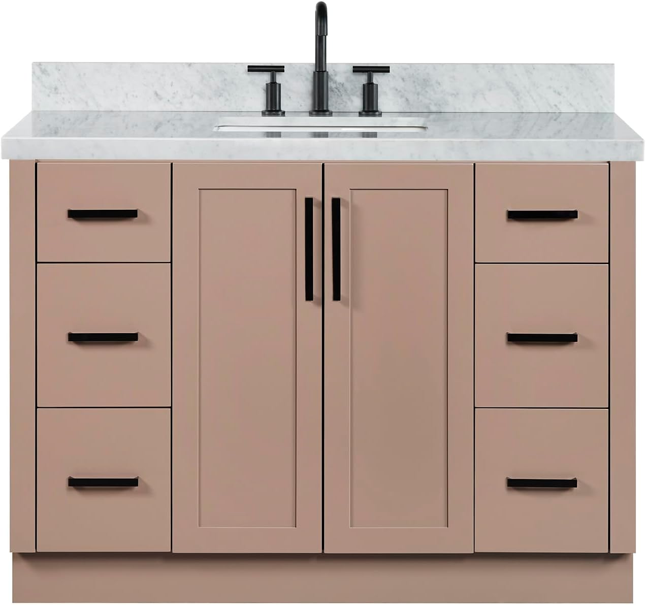 ARIEL Loren 48-inch Bathroom Vanity with Sink,Solid Wood, 1.5-inch Italian Carrara Marble Countertop, Single Rectangular Porcelain Sink, 2 Soft Closing Doors, 7 Dovetail Drawers, Mocha