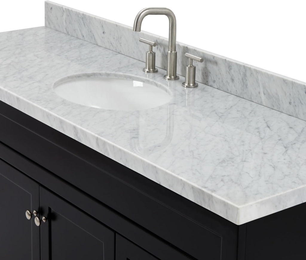 ARIEL Hamlet 66-inch Bathroom Vanity with Sink,Solid Wood, 1.5-inch Italian Carrara Marble Countertop & Backsplash, Single Oval Porcelain Sink, 2 Soft Closing Doors, 4 Dovetail Drawers, Black