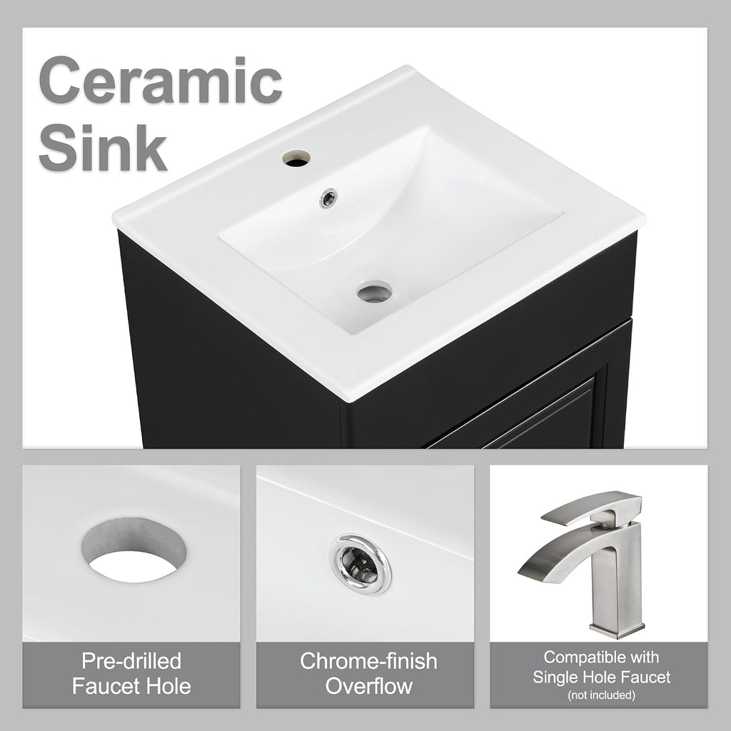 Harper & Bright Designs 20' Bathroom Vanity with Sink, Free Standing Single Basin Vanity Set with Adjustable Shelf & Storage Rack, Solid Wood Bathroom Cabinet with Ceramic Basin for Bathroom, Black