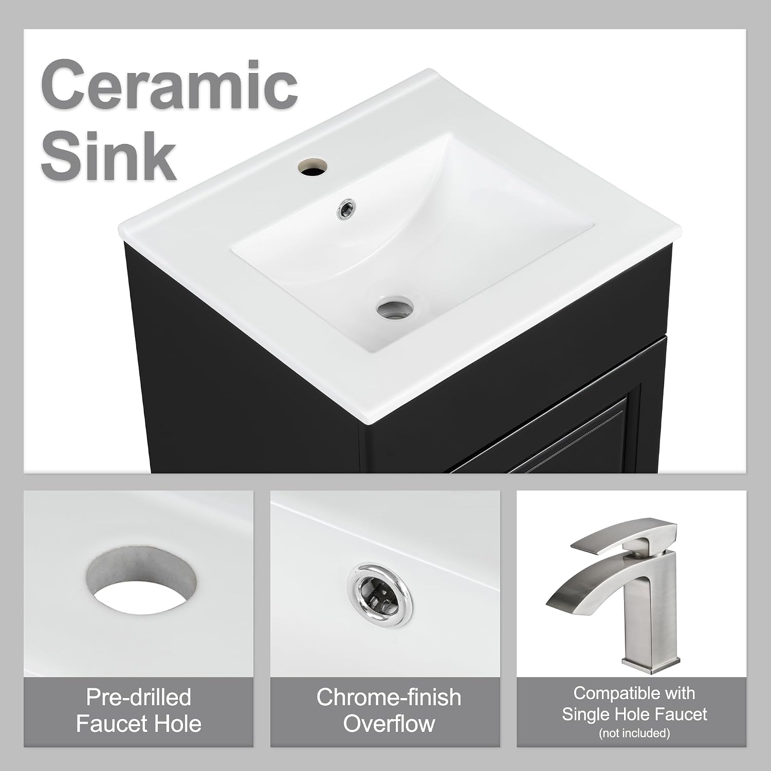 Harper & Bright Designs 20' Bathroom Vanity with Sink, Free Standing Single Basin Vanity Set with Adjustable Shelf & Storage Rack, Solid Wood Bathroom Cabinet with Ceramic Basin for Bathroom, Black