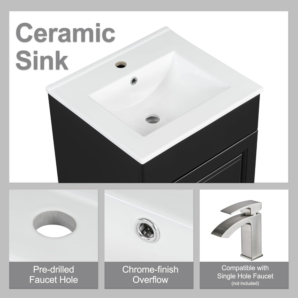 20 Inch Bathroom Vanity Sink Combo, Free Standing Single Bathroom Storage Cabinet with Adjustable Shelf & Storage Rack, Wooden Bathroom Vanity Set with Ceramic Basin for Bathroom (Black)