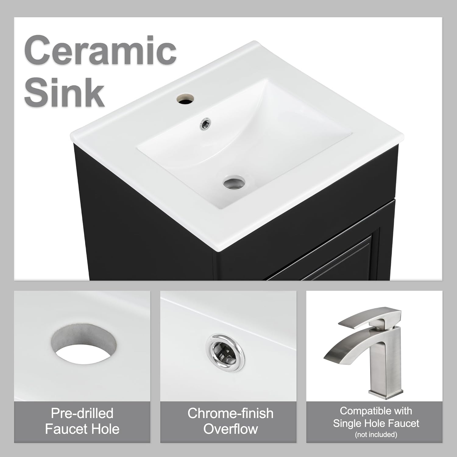 20 Inch Bathroom Vanity Sink Combo, Free Standing Single Bathroom Storage Cabinet with Adjustable Shelf & Storage Rack, Wooden Bathroom Vanity Set with Ceramic Basin for Bathroom (Black)