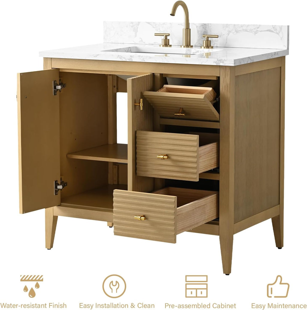 HOMEBEYOND 36' Bathroom Vanity with Sink, Solid Wood Bathroom Vanity Free-Standing Cabinet, Drawers, Ceramic Top & Soft Closing Door, Golden Brushed Handware, Natural Oak