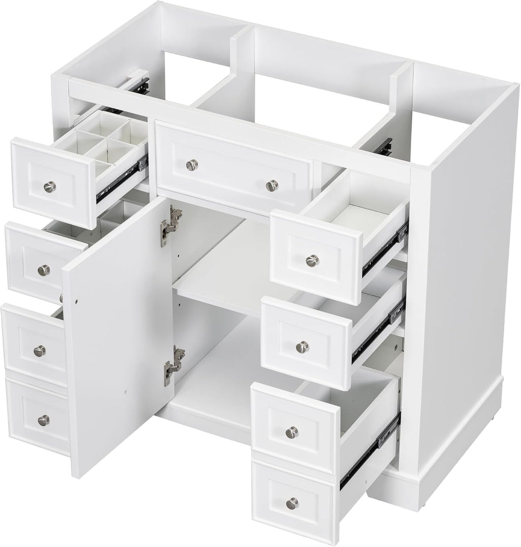 YOPTO 36' Bathroom Vanity Without Sink,Cabinet Base Only,One Cabinets and Six Drawers,Solid Wood Set Frame w/Multi-Functional Drawer Divider,Water-Proof,Stain Proof,White